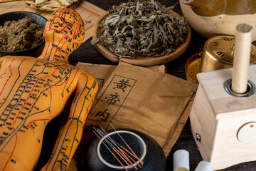 Background of moxibustion and Chinese herbal medicine - obrazy, fototapety, plakaty
