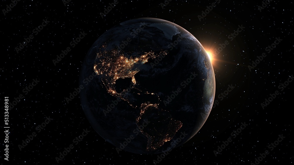 Wall mural planet earth with realistic geography surface and orbital 3d cloud atmosphere . outer space view of 