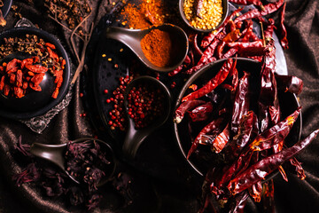 Dried chili and various herbs and spices for cooking in bowls. Selective focus