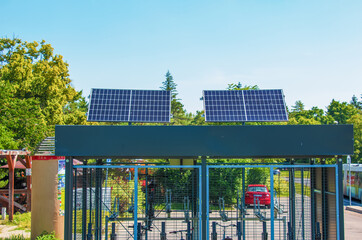 Solar panels in the bike park. Alternative energy source. Energy crisis.