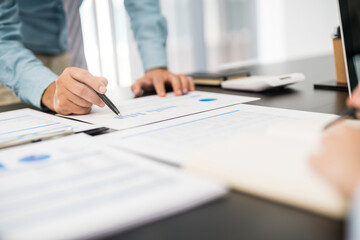 Business team briefing the idea and discussing exchange contract during brainstorming in office.