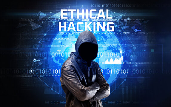 Faceless hacker at work, security concept