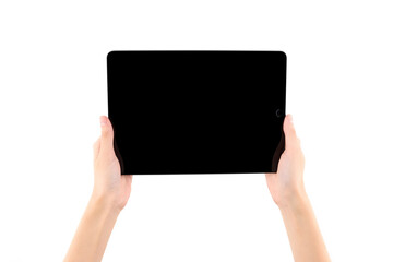 Hands holding black tablet, isolated on white background. Digital tablet in hands. Hands holding tablet touch computer gadget with isolated screen.
