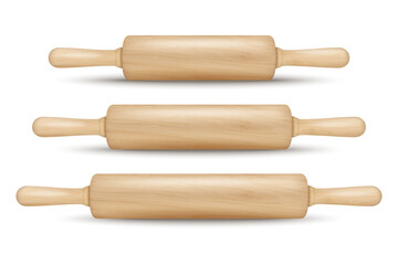 Vector 3d Realistic Textured Wooden Rolling Pin Icon Set Isolated. Kitchen Dough Roller, Design Template of Dough Rolling Pin for Bakery. Different Size. Front, Side View