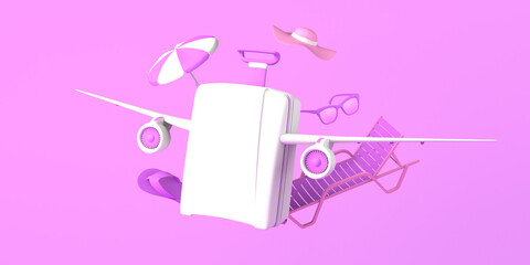 Summer travel concept with winged suitcase, beach lounger and flip flops. Copy space. 3D illustration.