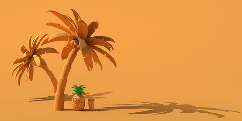 Fototapeta na wymiar Summer concept with pineapple with sunglasses and soda with straw under tropical palm trees. Copy space. 3D illustration.