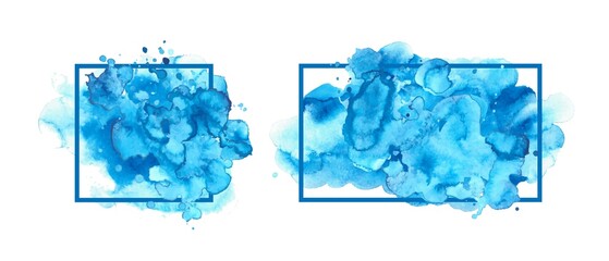Set of frames with watercolor backgrounds. Blue splatters, hand painted textures. Place for text.