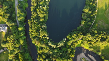 lake and forest view. Landscape and ducks with drone