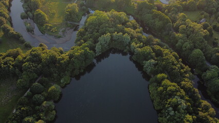 lake and forest view. Landscape and ducks with drone