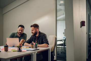 Fototapeta premium Two male colleagues having a meeting in an office and using a laptop