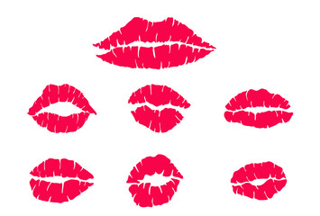Red mark kisses lipstik pink mouth set. Hand drawn shape beauty sexy silhouette isolated on white background. Vector icon
