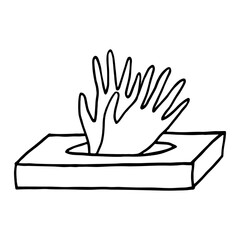 Rubber gloves box, outline sketch isolated on white. Latex or nitrile or vinyl glove pare in container. Professional accessory and doctor, hairdresser, cook chef or tattoo master uniform part.