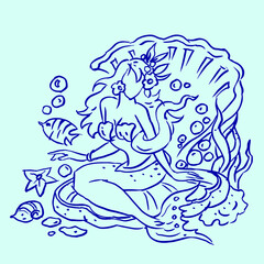 Mermaid sits in the giant shell vector for card illustration background