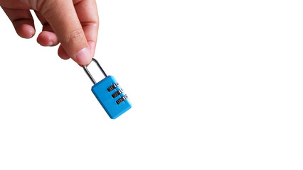 Padlock luggage lock code in hand on white background.