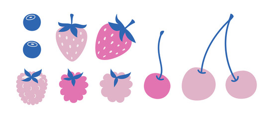 Set of vector berries illustrations. Collection of multicolor stylish strawberry cherry raspberry icons.