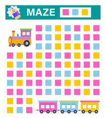 Maze game for kids. Help to find the cars of the train. Vector illustration