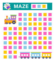 Obraz premium Maze game for kids. Help to find the cars of the train. Vector illustration