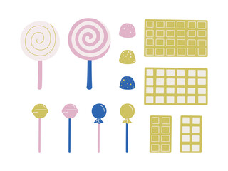 Set of vector candies illustrations. Collection of multicolor stylish lollipop, chocolate and marmalade icons.