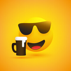 Smiling Emoji Wearing Sunglasses - Simple Shiny Happy Emoticon with Beer Mug on Yellow Background - Vector Design