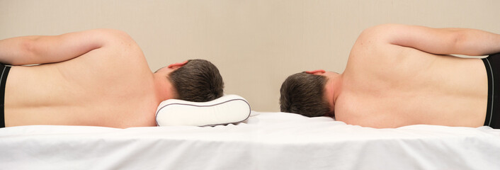 Comparison of a man lying on an orthopedic pillow and without it on his side. Correct posture...