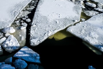 High-angle shot of ice floes floating on a lake under the sunlight in Helsinki