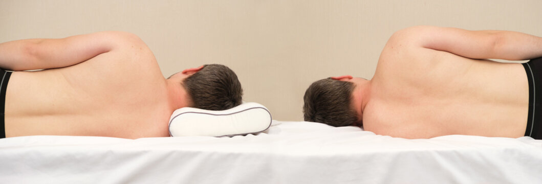 Comparison of a man lying on an orthopedic pillow and without it on his side. Correct posture during sleep