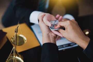 lawyer taking dollar bribe from the female client for falsifying documents, businessman taking...