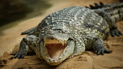 Closeup shot of an adult crocodile with its huge mouth open for cooling - Powered by Adobe