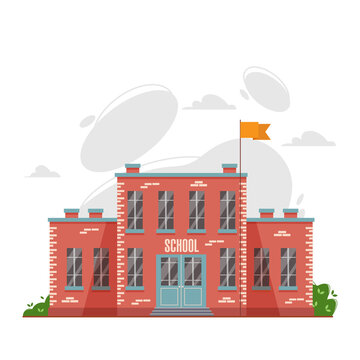 Vector School Building Icon Or Logo Design. Flat Illustration Of Red Brick School Building With Flag Pole And Waving Orange Flag, Inscription School On The Facade. Front Side And Main Entrance.