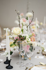 Wedding tablescape with floral and stemware 