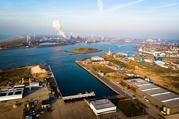 Bird's eye view of the port of IJmuiden with TATA steel factories in Velsen-Noord, the Netherlands
