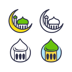 Mosque logos in various shapes with green and yellow colors