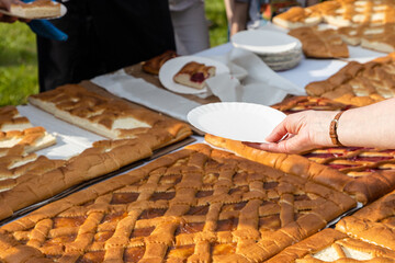 hand with empty paper plate reaches for portion of open sweet pie