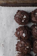 Scoops of double chocolate chip cookie dough with sea salt, edible cookie dough, raw cookie