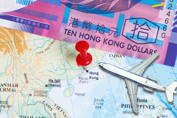 Travel to Hongkong concept- with toy airplane and  a map