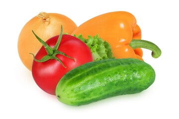 Cucumber, onion, tomato, pepper and lettuce on an isolated white background. Red pepper, cucumber, onion, tomato and lettuce