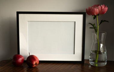 frame with space for text, decoration with a vase of flowers and fruit
