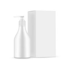 Plastic Cosmetic Bottle Mockup With Pump, Paper Packaging Box, Isolated on White Background. Vector Illustration
