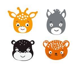 Safari animal faces kawaii style. Cute animals heads icons. Fun vector illustration animals.