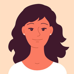 Portrait of young happy beautiful woman. A welcoming smile on your face. Brunette hair. Avatar female consultant. Flat vector isolated illustration