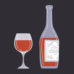 A bottle of red grape wine with glass. A pleasant alcoholic drink. Wine drink label, emblem for bar, restaurant. Flat vector illustration isolated on black background
