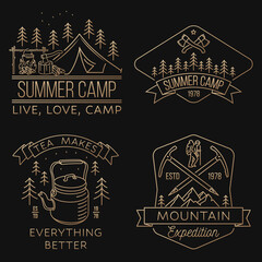 Set of camping badges, patches. Vector illustration. Concept for shirt or logo, print, stamp or tee. Vintage line art design with cup, camper tent, pot on the fire, axe, mountain and forest.
