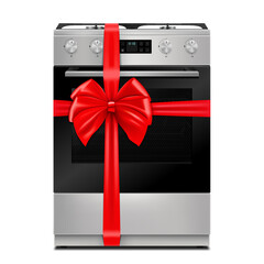 Gas stove with red ribbon and bow. 3D rendering. Gift concept. Realistic vector illustration isolated on white background