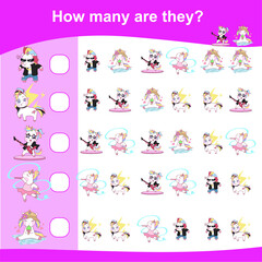How many are they? Counting unicorns together. Math worksheet. Educational sheet for children. Vector illustrations.