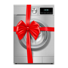 Washing machine with red ribbon and bow. 3D rendering. Gift concept. Realistic vector illustration isolated on white background