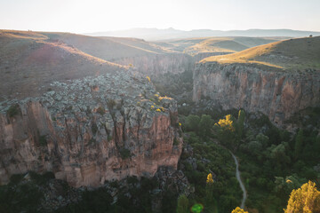 Ihlara valley canyon view from air during sunrise