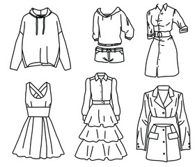 Handdrawn sketch set of different women's fashion clothes from sweaters dresses trousers jackets