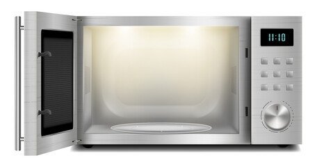 Vector 3d realistic microwave oven with light inside, with open door, front view isolated on background. Household appliance to heat and defrost food, for cooking, with timer and buttons