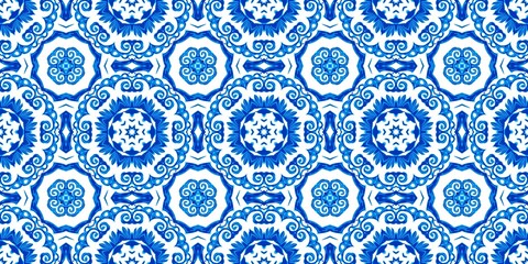 Blue white watercolor azulejo tile border background. Seamless coastal geometrical floral mosaic effect banner. Ornamental arabesque summer fashion repeat edge trim.
