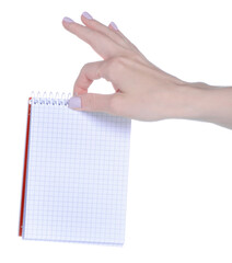 White notebook diary in hand on white background isolation